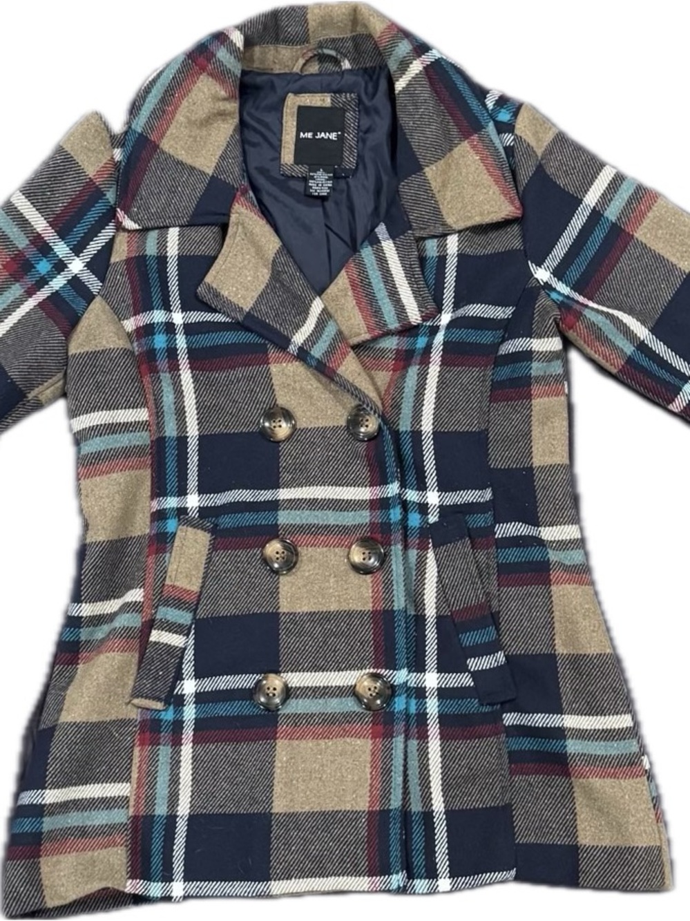 Me Jane Navy, Tan & Teal Plaid Double-Breasted Pea Coat